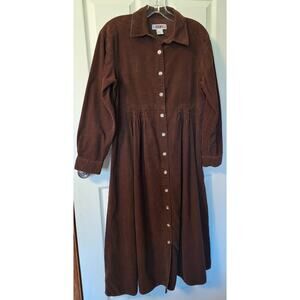 Vintage Fads Chocolate Brown Corduroy Maxi Shirt Dress Cottton Size 8 M Cottage